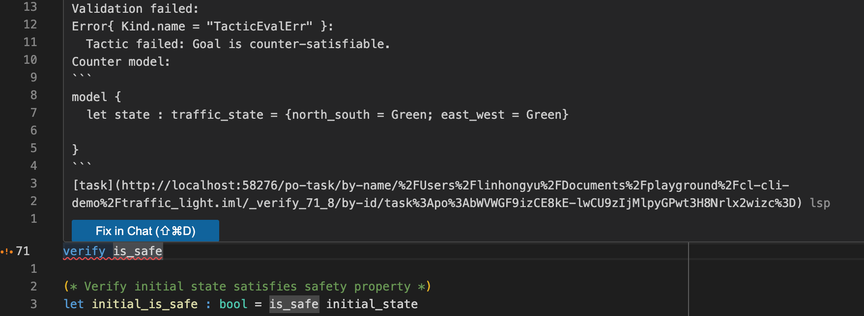 CodeLogician interface showing warning message for unsupported language with option to continue formalization