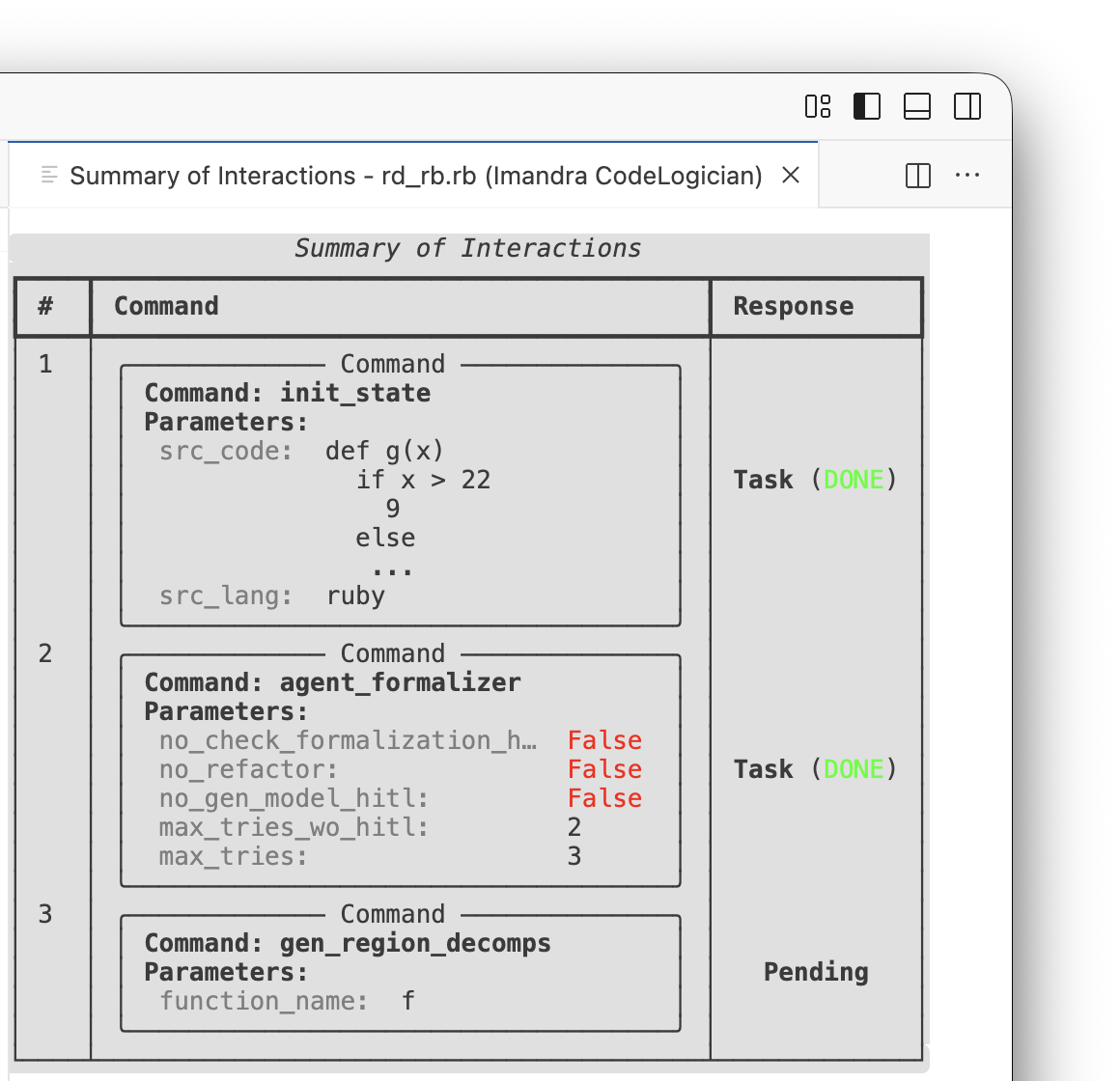 CodeLogician interface showing the Run pending commands button to execute queued commands