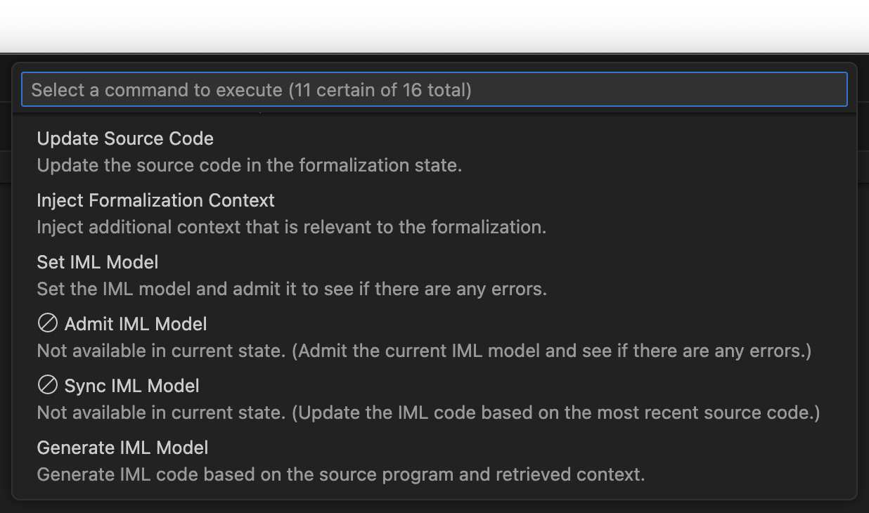 CodeLogician command selector interface showing available and unavailable commands based on prerequisites