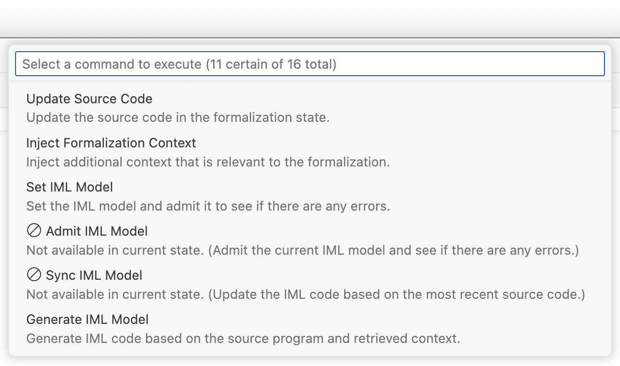 CodeLogician command selector interface showing available and unavailable commands based on prerequisites