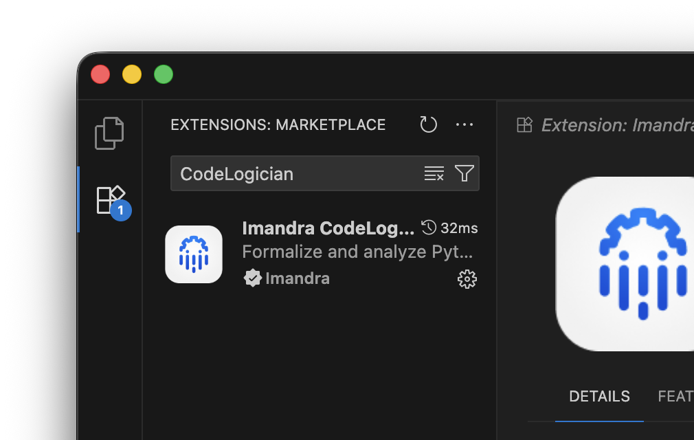 VS Code extensions marketplace showing the Imandra CodeLogician extension available for installation