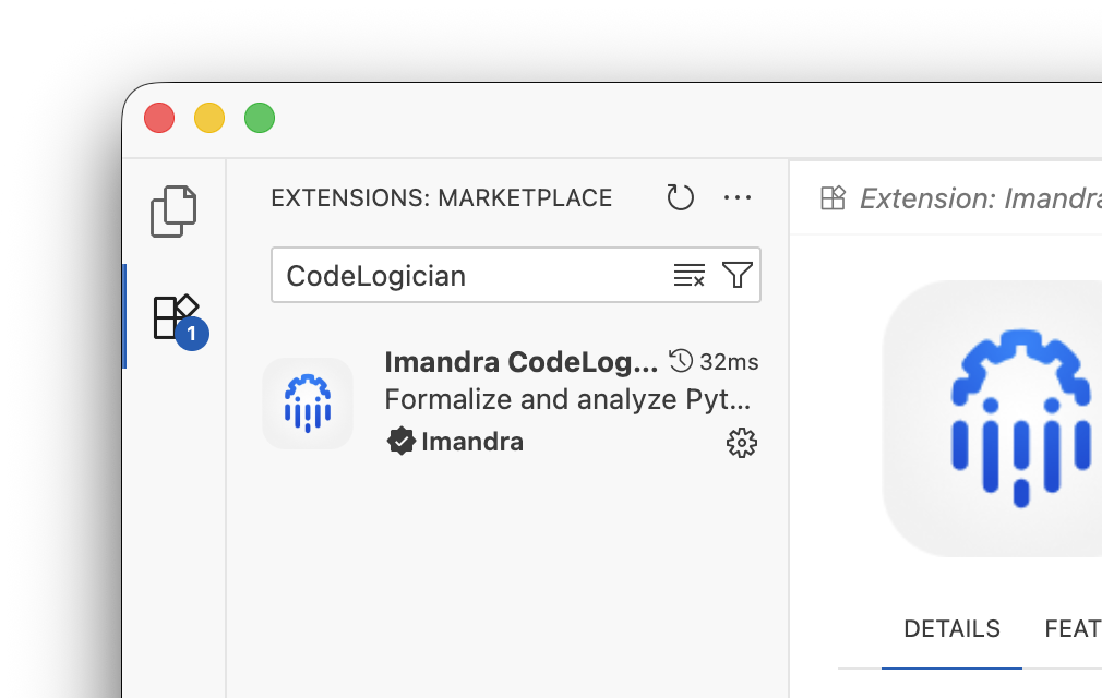 VS Code extensions marketplace showing the Imandra CodeLogician extension available for installation
