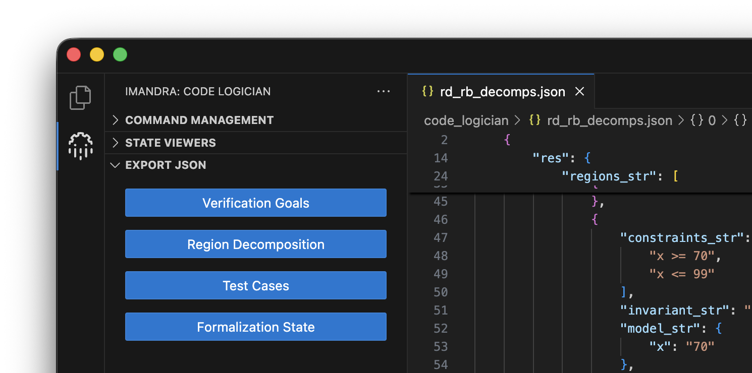 VS Code project explorer showing JSON export files for formalization data, test cases, verification goals, and region decompositions in code_logician subdirectory