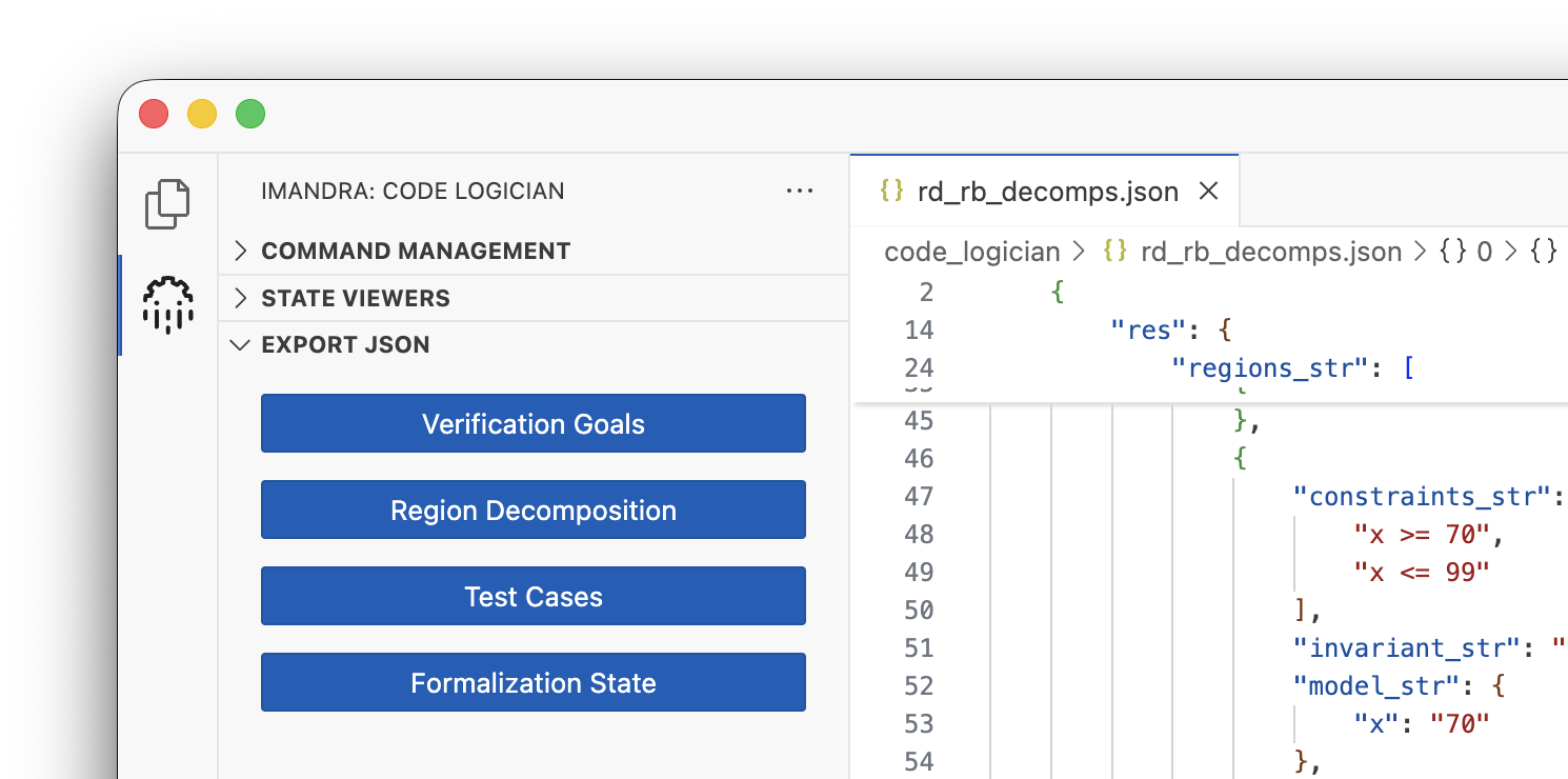 VS Code project explorer showing JSON export files for formalization data, test cases, verification goals, and region decompositions in code_logician subdirectory