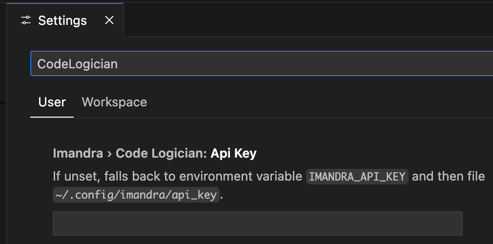 VS Code settings interface showing the Imandra CodeLogician API key configuration field