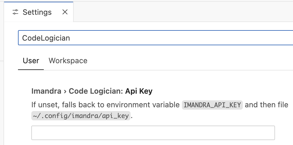VS Code settings interface showing the Imandra CodeLogician API key configuration field