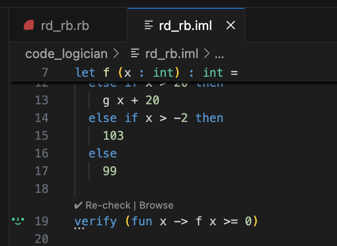 CodeLogician interface displaying verification goals appended to IML model with ImandraX verification results