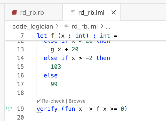 CodeLogician interface displaying verification goals appended to IML model with ImandraX verification results